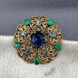 Vintage Czech Brooch Green Blue Gold Tone Filigree